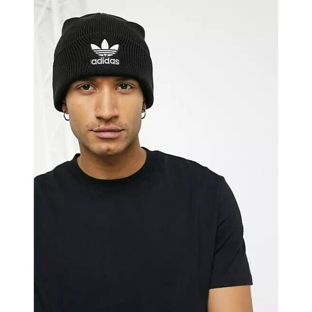 Adidas Originals Trefoil Knit Beanie Embroidered Logo Unisex Black White GA9656 - Picture 2 of 7